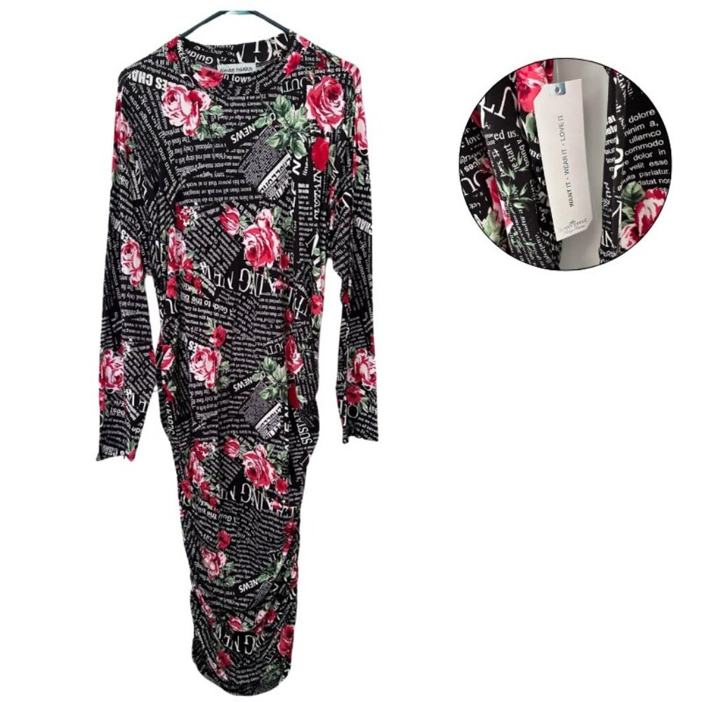 Plus Size 3X Rose Print Bodycon Dress NWT Long Sleeve Party Dress